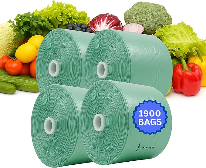 Narrow Profile Produce Bags Roll Green - 1900 Bags - 16"x28" – 4 Rolls - 8 Microns – for Grocery, Small Business, Produce Use, Food & Storage Needs, Garden Fresh, Narrow Profile, Kitchen Use
