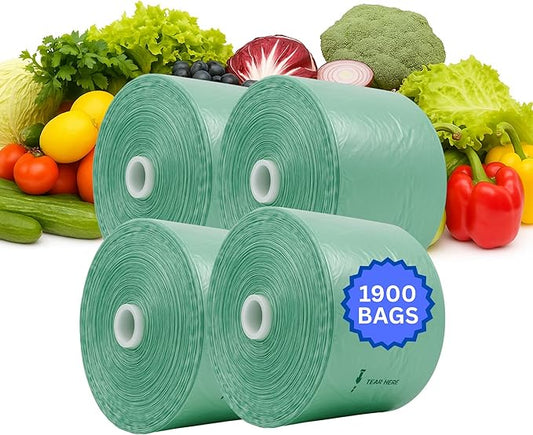 Narrow Profile Produce Bags Roll Green - 1900 Bags - 16"x28" – 4 Rolls - 8 Microns – for Grocery, Small Business, Produce Use, Food & Storage Needs, Garden Fresh, Narrow Profile, Kitchen Use