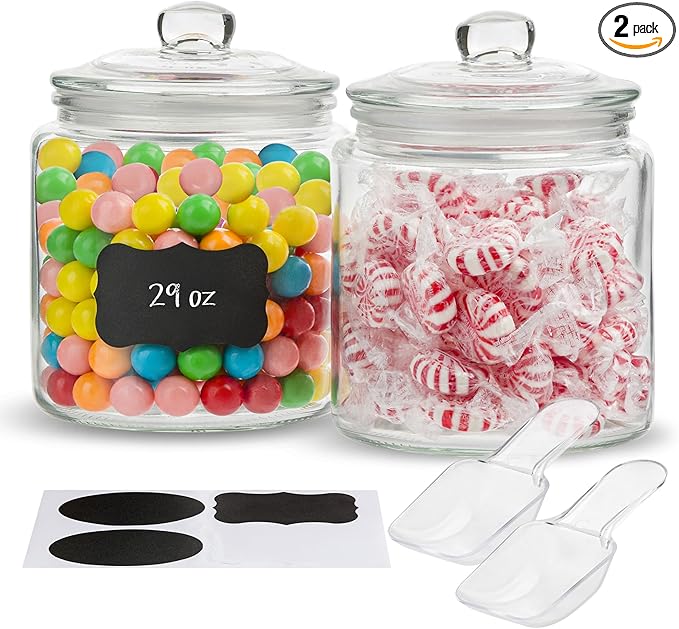 KooK Glass Storage Jars with Lids - 29oz (Set of 2), Kitchen Canisters for Sugar, Cookies, Cotton Balls, Glass Containers with Chalkboard Labels and Airtight Lid