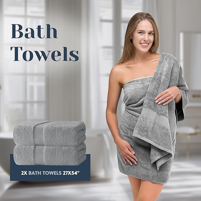 White Classic Luxury Bath Towel Set of 8 Pieces - 100% Turkish Cotton Highly Absorbent Towels for Bathroom, 2 Luxury Bath Towels 700GSM, 2 Hand Towels, 4 Washcloths, Light Gray