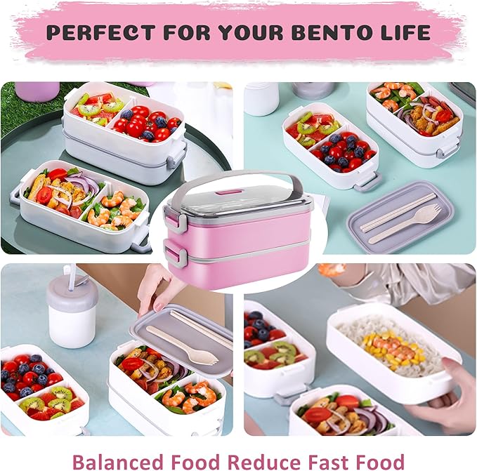 Bento Lunch Box for Kids Women Men, 47oz 2-Compartment Snack Salad Metal Food Prep Pack Container for Lunch, Stainless Steel 2 Layers Stackable Lunch Containers with Lids for Adults and Teens Pink