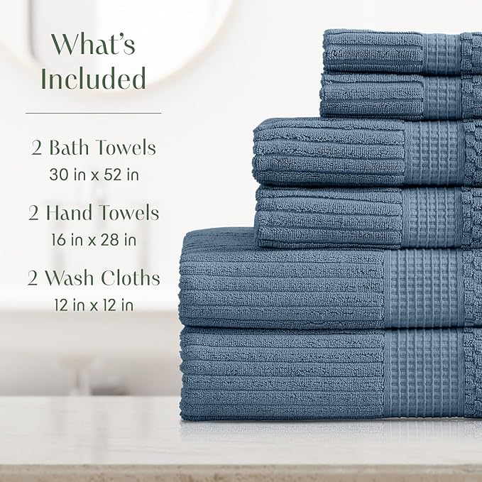 Springtree Home 100% Cotton Bath Towel Set | 6 Piece Set | Absorbent & Quick-Dry Bath Towels | Textured and Durable Cotton | Krista Collection - Oceanview