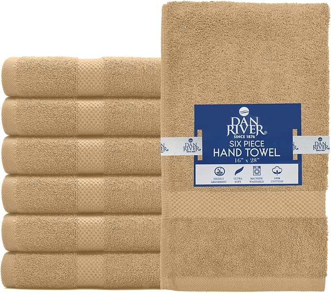 DAN RIVER 6-Pack Premium Hand Towels (16x28 Inches) - 100% Cotton, Ultra Soft, Lightweight, Highly Absorbent Towels for Bathroom, Spa, Gym, Salon, Hotel, and Travel - 550 GSM – Tan