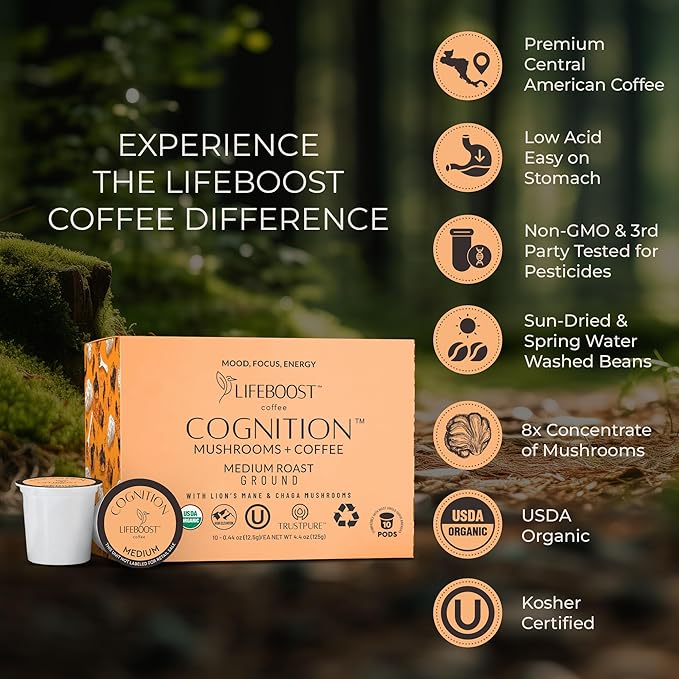 Lifeboost Cognition Mushroom Coffee Pods – Organic Low Acid K-Cups with Lion’s Mane & Chaga Adaptogens – Nootropic Coffee for Energy, Focus & Immune Support – 10 Count