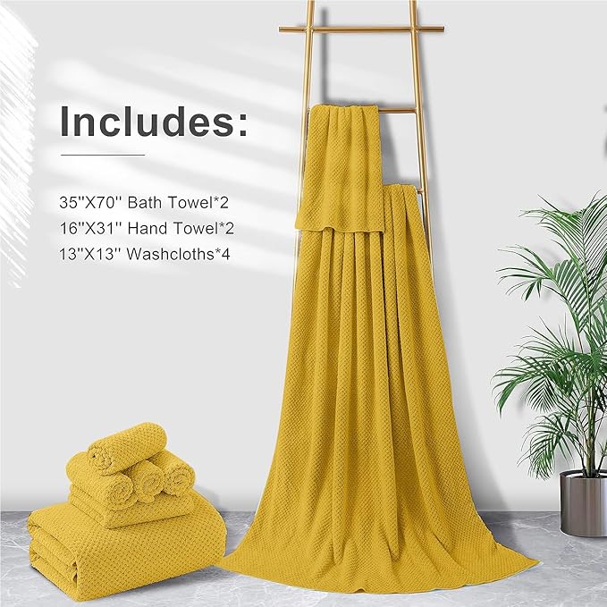 8-Piece Bath Towel Set, 2 Extra Large Bath Towel Sheets, 2 Hand Towels and 4 Washcloths - Highly Absorbent Quick Dry Microfiber,Ultra Soft Towel Set for Bathroom Waffle Weave, Pack of 8 (Sweet Yellow)