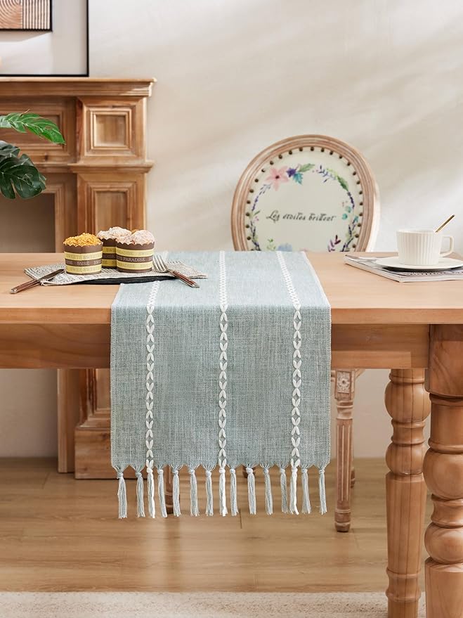 Braided Farmhouse Table Runner,Braided Dusty Blue 13x60 Inch, Cotton Linen Table Runners 60 Inches Long, Embroidered Striped Dusty Blue Boho Table Runner Rustic Home Decor
