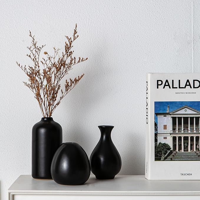 Black Ceramic Bud Vase Set of 11, Small Vases for Pampas Grass, Flowers, Mini Vases for Modern Home Decor, Minimalist Decor, for Living Room, Dining Table & Shelves