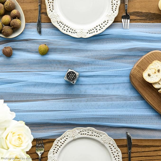 Artoid Mode Dusty Blue Gauze Table Runner 120 Inch 10FT, Seasonal Sheer Kitchen Dining Holiday Wedding Birthday Baby Shower Table Decor for Home Party