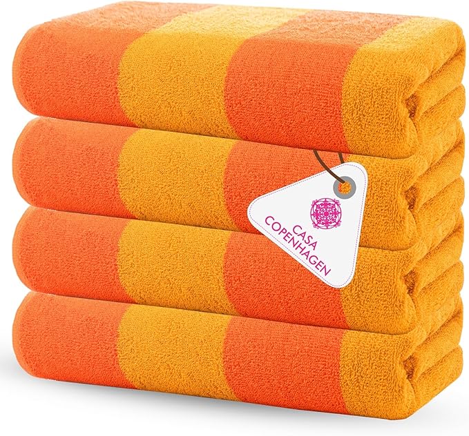 CASA COPENHAGEN Malibu Beach Towels Designed in Denmark Rough and Tough, Quick Dry, for Pool, Bath & Shower 30x60 inches 4 Pieces Cotton Beach Bath Towels Set - Orange