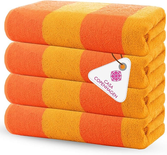 CASA COPENHAGEN Malibu Beach Towels Designed in Denmark Rough and Tough, Quick Dry, for Pool, Bath & Shower 30x60 inches 4 Pieces Cotton Beach Bath Towels Set - Orange