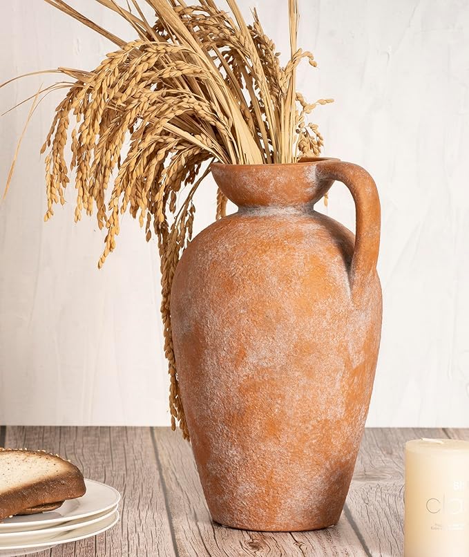 Terracotta vase with Handle, 10inch Boho Unique Textured Pottery, Rustic Farmhouse Decorative Ceramic vases for Flowers, Centerpieces, Living Room.