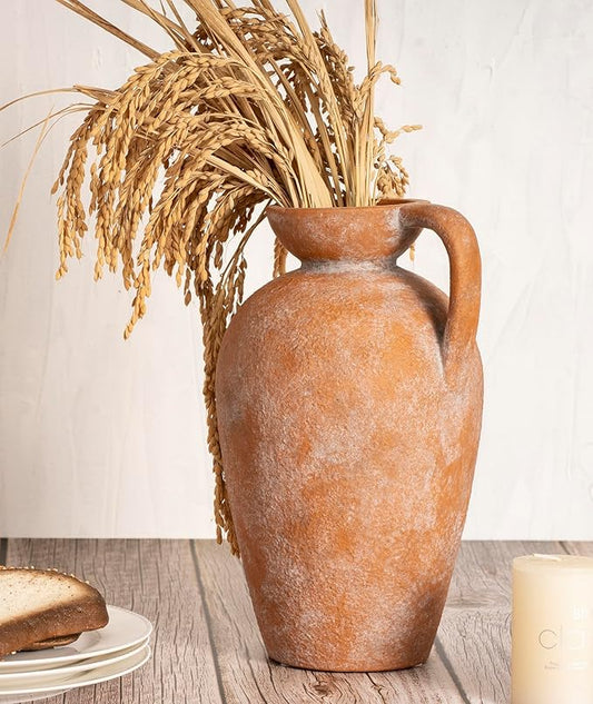 Terracotta vase with Handle, 10inch Boho Unique Textured Pottery, Rustic Farmhouse Decorative Ceramic vases for Flowers, Centerpieces, Living Room.