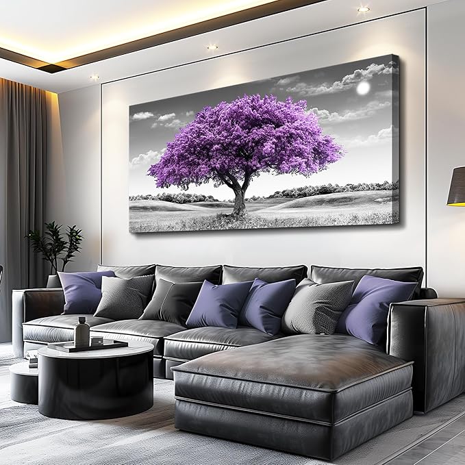 Canvas Wall Art for Living Room Large Wall Decor for Office Modern Bedroom Decorations Purple Tree Landscape Pictures Black and White Paintings Artwork Room Wall Mural Farmhouse Home Decor