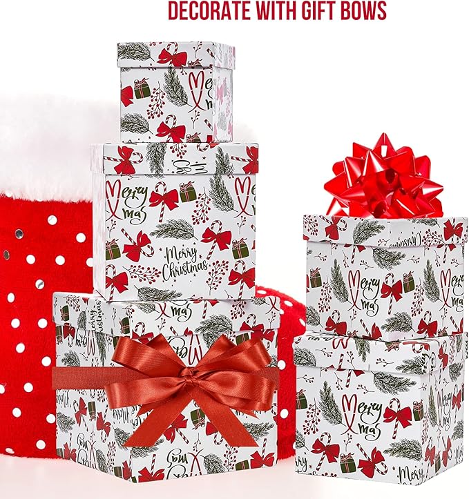 UNIQOOO 5PCS Christmas Nesting Gift Boxes with Lid, Nested Box Set, 5 Sizes, Square Stackable, Red White Green, Xmas Berry Candy Cane Paper Box Tower Décor, Holiday Thanksgiving New Year Packaging