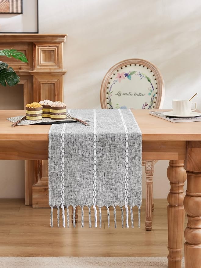 Braided Farmhouse Table Runner, Braided Charcoal 13x48 Inch, Cotton Linen Table Runners 48 Inches Long, Embroidered Striped Charcoal Boho Table Runner Rustic Home Decor