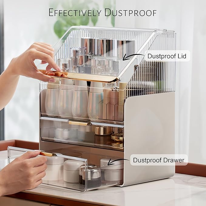 JOYMOOP Makeup Organizer with Transparent Cover, Skincare, Lipstick and Perfume Storage, Cosmetic Organizer, Makeup Box for Bathroom Countertop or Vanity Desk, White & Gold