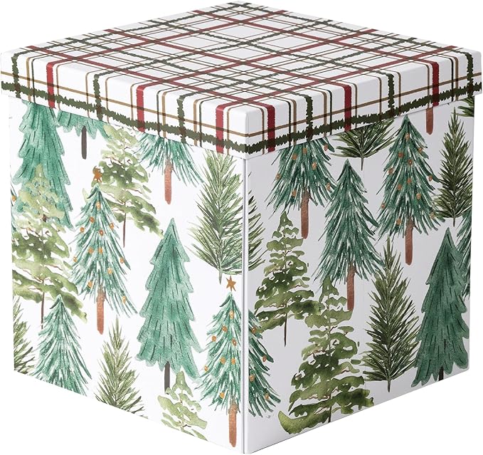 RUSPEPA Christmas Gift Box with Lid, Watercolor Christmas Tree Design and Plaid Lid, Medium Collapsible Holiday Box with Ribbon and Tissue Paper for Gift Wrapping, Candy Storage, 9x9x9 Inches, 1 Pcs