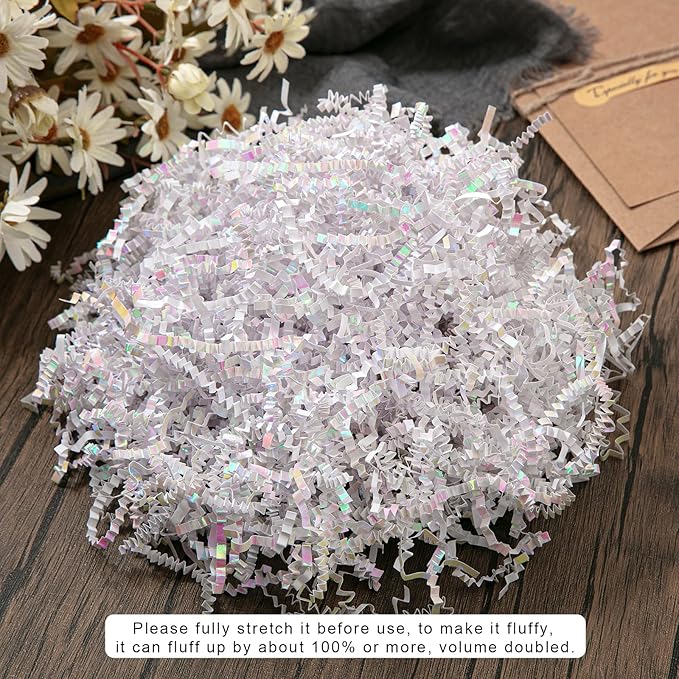 Mefleet 2 LB Crinkle Cut Paper Shred Filler Diamond White Crinkle Shredded Paper for Gift Box - Gift Basket Bag Filler - Grass Cushion Stuffing for Christmas Holiday Packaging Wrapping