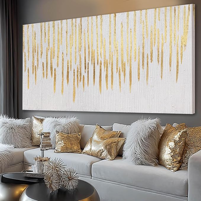 White And Gold Wall Art Abstract Pictures Hand Drawn Paintings Framed Canvas Arts 29"x58" for Living Room Office