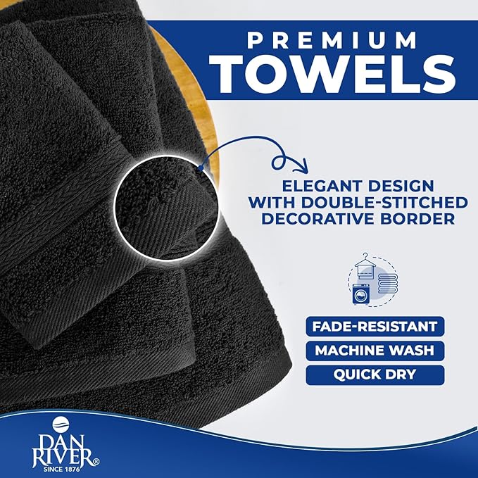 DAN RIVER 8 PC Luxury Bath Towels for Bathroom, 2 Bath, 2 Hand, and 4 Wash Cloths, 600 GSM 100% Ring Spun Cotton Towel Set, Highly Absorbent, Gym, Hotel, and Spa, Black