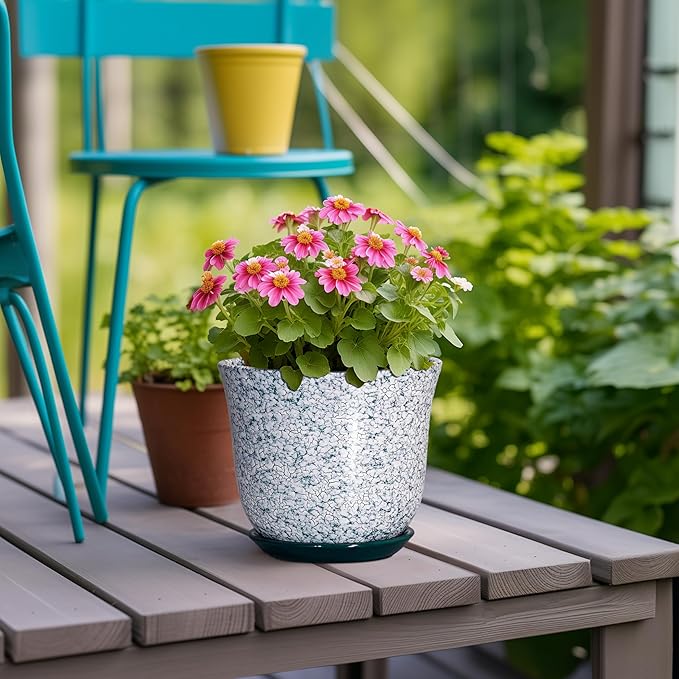 5.6 Inch Plant Pot - Ceramic Plant Pots for Indoor Outdoor, Round Orchid Succulent Pots with Drainage Hole and Saucer, Modern Flower Pot, Home Office Decor, Green-White