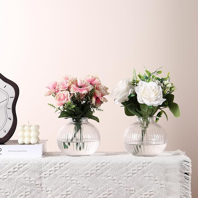 Round Glass Vases, Set of 2 Small Vases for Flowers, Clear Glass Vase for Tulips, Modern Vase for Living Room, Office, Coffee Table, Shelf, Wedding, 5 Inches