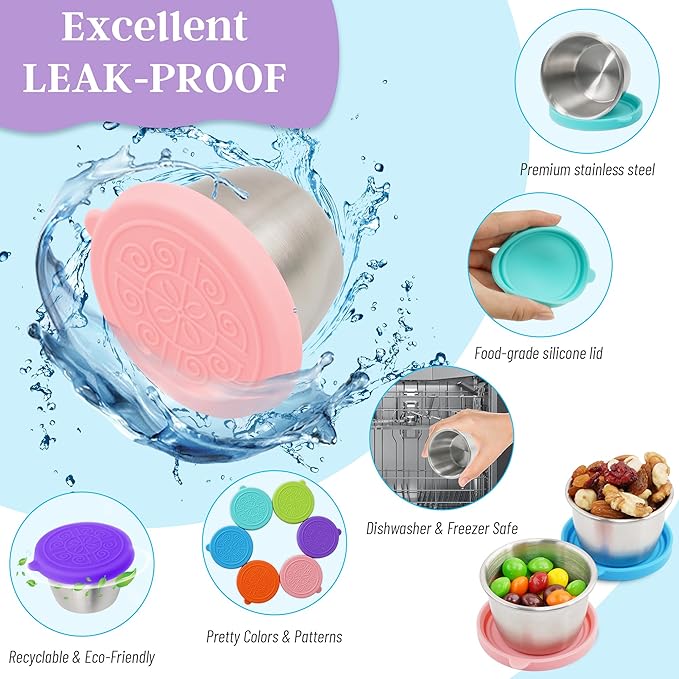 6x2.7 Oz Salad Dressing Container to Go,Handy Leakproof Stainless Steel Meal Prep Containers Reusable,Sauce Containers for Lunch Box, Picnics, Travel, Office and Kitchen Storage