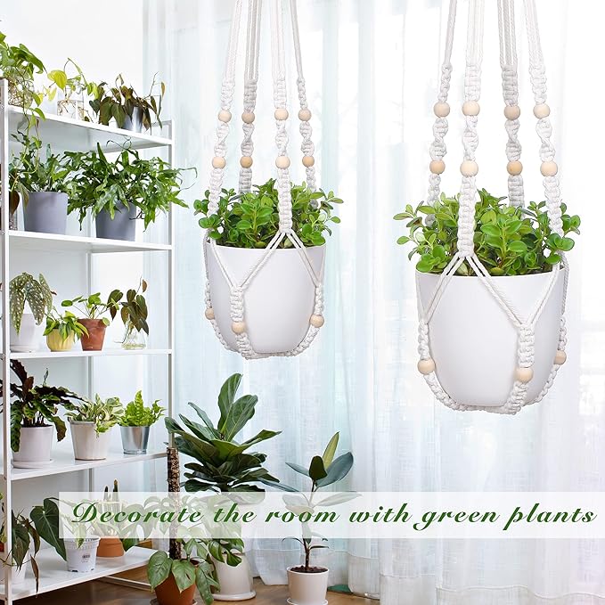 YIBOT Macrame Plant Hanger Indoor Outdoor, Up to 4-15 inch Pot, Heavy 20lb Planters, Extra Long Strong Hanging Planter Basket, Boho Home Decor, 35 Inch, Ivory, Set of 2 (POTS NOT Included)
