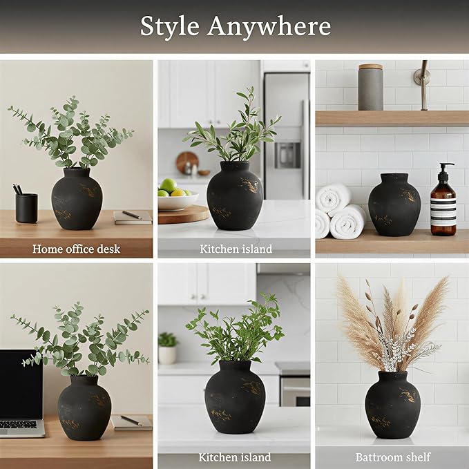 Ceramic Flower Vase, 6-Inch Black Pottery Rustic Farmhouse Boho Vase, Handcrafted Decorative Vase for Home Decor, Centerpieces, Table, Living Room, Mantel, Shelf