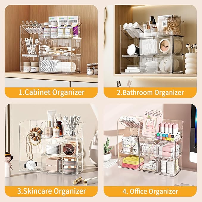 KHNR Makeup Organizer for Vanity,Acrylic Makeup Organizers with Jewelry Organizer,Bathroom Accessories Organizer with Removable Dividers,Bathroom Countertop Organizer for Desk,Vanity,Mirror Cabinet