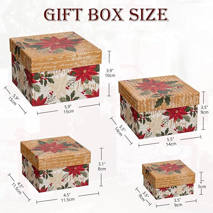 Square Gift Boxes with Lids 4PCS Christmas Gift Box for Presents Nesting Assorted Sizes Present Boxes for Christmas Birthday Valentines Party Gift Wrap
