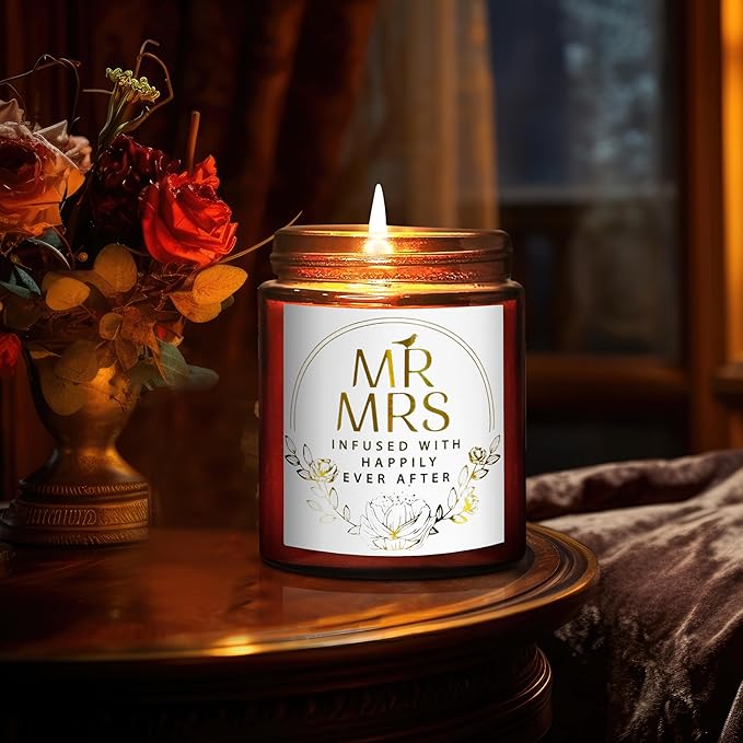 Wedding Gifts for Bride, Groom - Mr and Mrs Candle - Happy Engagement Gift for Her, Bride to Be - Gifts for Bridal Shower, Newlywed, Married Couples Anniversary - Jasmine Scented Soy Candle