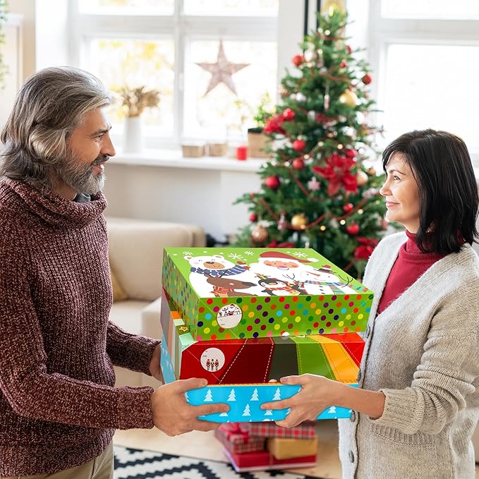 HOIIOH 12 Extra-Large Christmas Gift Boxes with Lids – 4-Inch Deep Robe Boxes with Tissue Paper & Stickers, Decorative Holiday Wrapping Boxes for Clothes, Coats & Sweaters