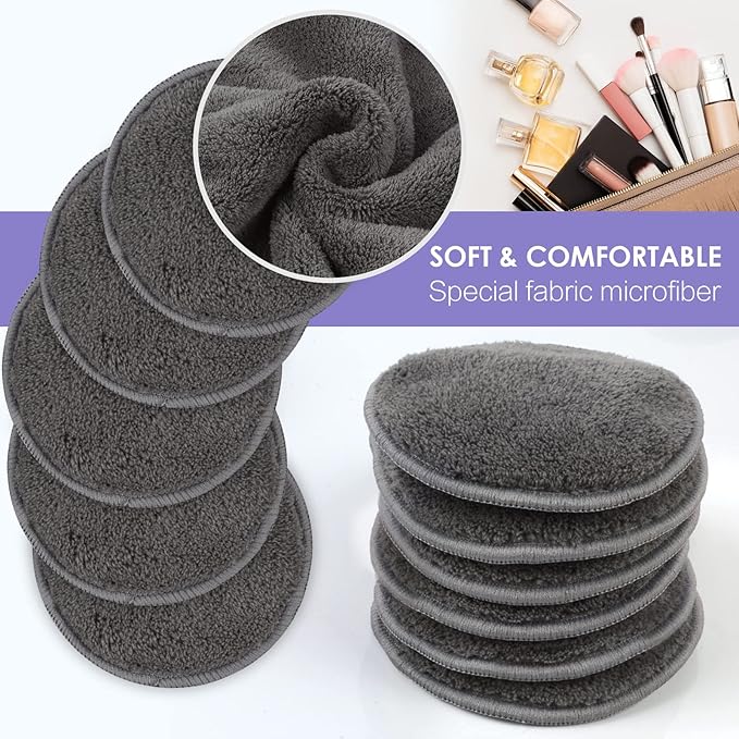 SUNLAND Reusable Makeup Remover Pads for Face,Eye,Lips 32 Pack Microfiber Face Cleansing Gloves Washable with Laundry Bag and Travel Bag Rounds Toner Pads（Round 3.15inchx32,Dark Grey）