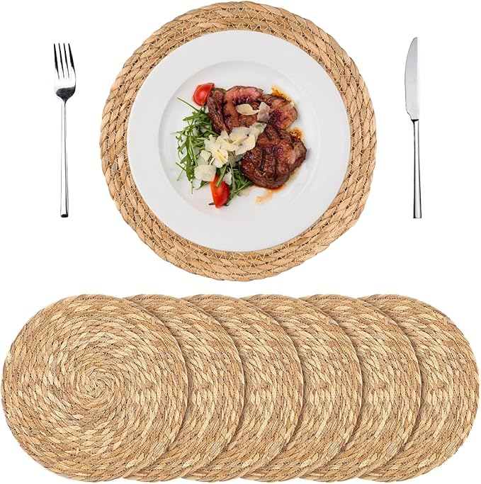 Round Woven Placemats Set of 6, 12" Boho Rattan Chargers for Dinner Plates, Natural Farmhouse Weave Place Mats, Rustic Braided Wicker Table Mats for Dining Table, Home, Outdoor