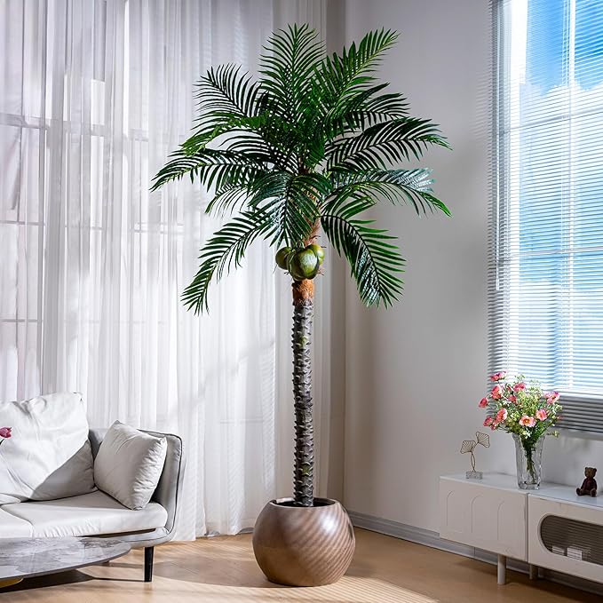 8.2FT Artificial Phoenix Palm Tree with Coconut Fruit Outdoor Indoor Decor Large Faux Coconut Silk Palm Tree Tropical Fake Tree Large Faux Sago Palm Plant for Home Yard Outside Patio Poolside