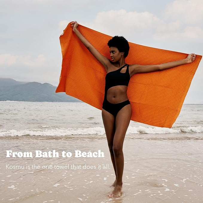 Luxury Japanese Cotton Waffle Bath Towel | Plush, Absorbent, and Quick Dry | Free Storage Bag Included (Coral Orange, Bath Towel, 55" x 34")