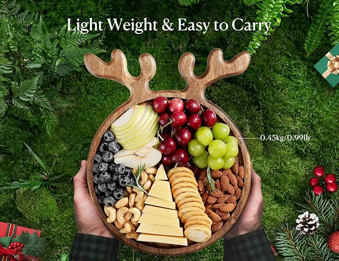 Acacia Wood Serving Platter, Christmas Decorative Reindeer Antler, 12"x10"Round Wooden Food Dish Display Plate, Charcuterie Board Tray for Cheese Fruit, Kitchen Gift for Housewarming (Gift Box)