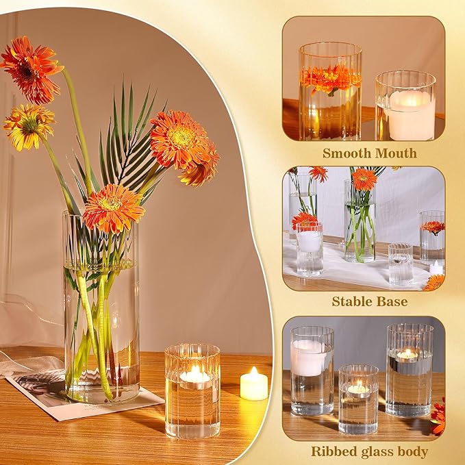 16 Pack Ribbed Glass Cylinder Vases 5.5, 6 Inch Tall Clear Flower Vase Hurricane Floating Candle Holder for Table Centerpiece Wedding Home Decor