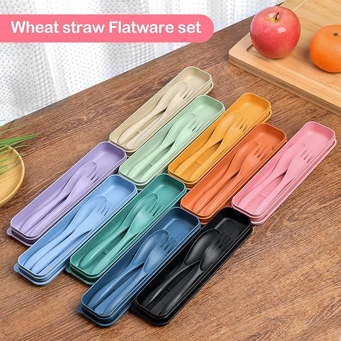 Reusable Travel Utensils Set with Case, 6 Sets Wheat Straw Portable Knife Fork Spoons Cutlery, Eco-Friendly BPA Free Plastic Tableware for Kids Adults Travel Picnic Camping Utensils