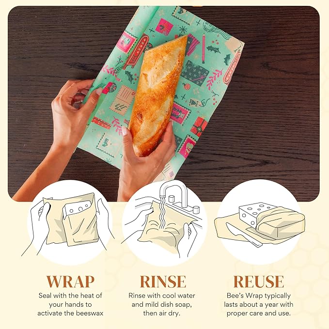 Bee's Wrap Beeswax Wraps for Food - Cut to Size Wax Paper Roll - Made in USA Reusable Waxed Paper & Bowl Covers - Organic & Eco-Friendly Alternative to Aluminum Foil & Plastic Wrap, Seasons Greetings