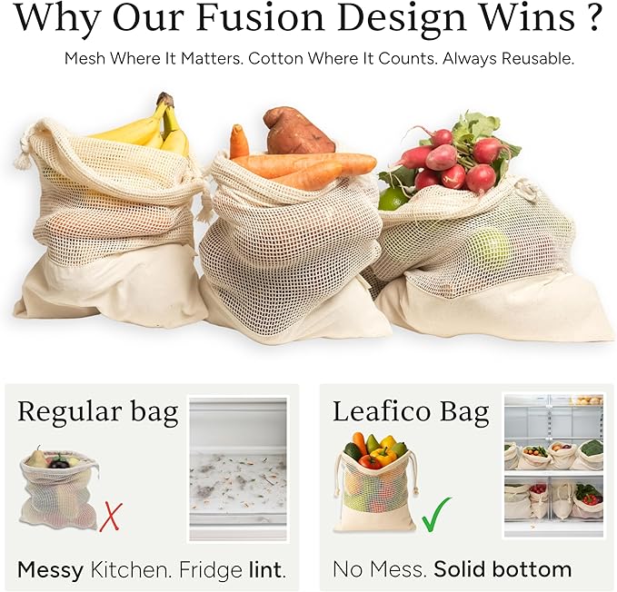 LEAFICO Reusable Produce Bags – 100% Cotton Mesh & Solid Hybrid (Medium 10x12 inch 6 Pcs) – Reusable Grocery Bags for Apples, Carrots, Bulk Vegetables – Washable, Plastic-Free, Breathable, Zero Waste