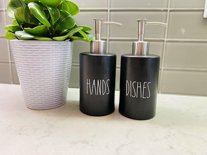 Modern Farmhouse Ceramic Dishes and Hands Soap Dispenser Set for Kitchen | Stainless Steel Pumps | 14oz, Black Bottles | Kitchen Décor for Counter