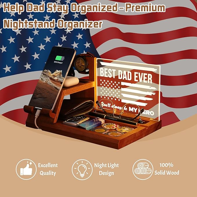Attivolife Gifts for Dad Men Husband, LED Phone Docking Station Desk Organizer, Cell Phone Stand with Night Light, Best Dad Ever Gift for Father's Day, Key Holder, Stand for Wallet Watch Essentials