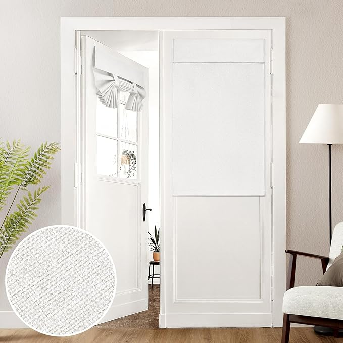 HOMEIDEAS 100% Linen Blackout French Door Curtains, Privacy Door Window Curtains, 26 X 40 Inch Room Darkening Blinds, Thermal Insulated Shades for Bedroom, 1 Panel, White