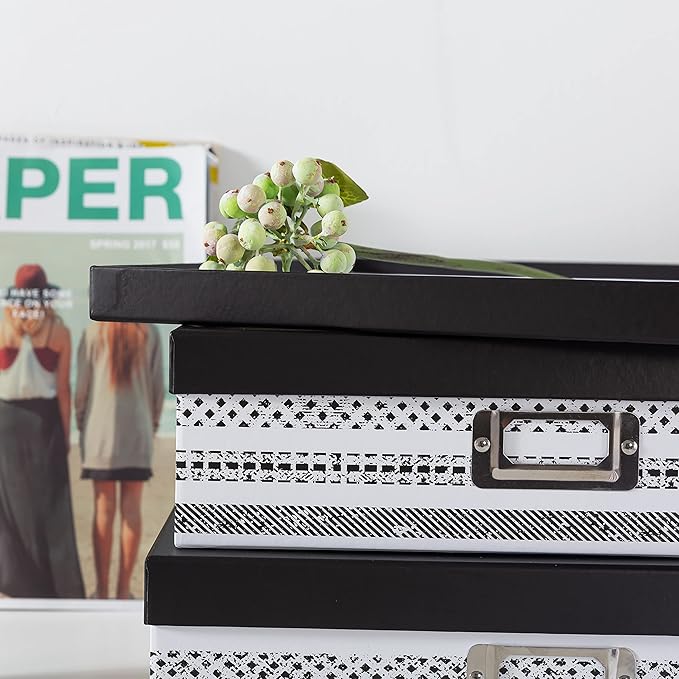 SLPR Nesting Decorative Storage Boxes With Lids for Home Decor - Set of 3: Black and White Photo Storage, Cardboard Document Boxes for Scrapbook, Keepsake, Memories
