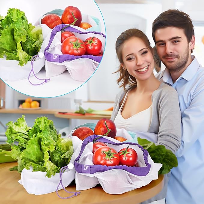 JUNGYOON 9-Pack Reusable Produce Bags & Vegetable Bags – Heavy Duty Washable Mesh Grocery Bag with Drawstring Closure, Eco-Friendly Storage for Farmers Market, Groceries, Beach & Fridge (L, M, S)