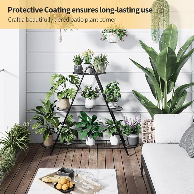 Plant Stand for Patio, 3-Tier Metal Plant Shelf–Indoor/Outdoor Display Rack for Multiple Pots, Heavy Duty Plants, Garden Flower Organizer (Black)