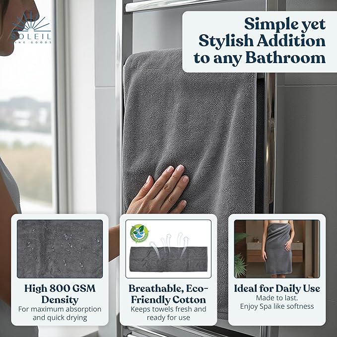 Soleil Fine Goods Luxurious 800 GSM 100% Cotton Bath Towel Set (4-Pack, 27x54) - Heavyweight & Ultra Absorbent, Plush Softness for Bathroom | Hotel & Spa Quality Luxury Towels- Steel