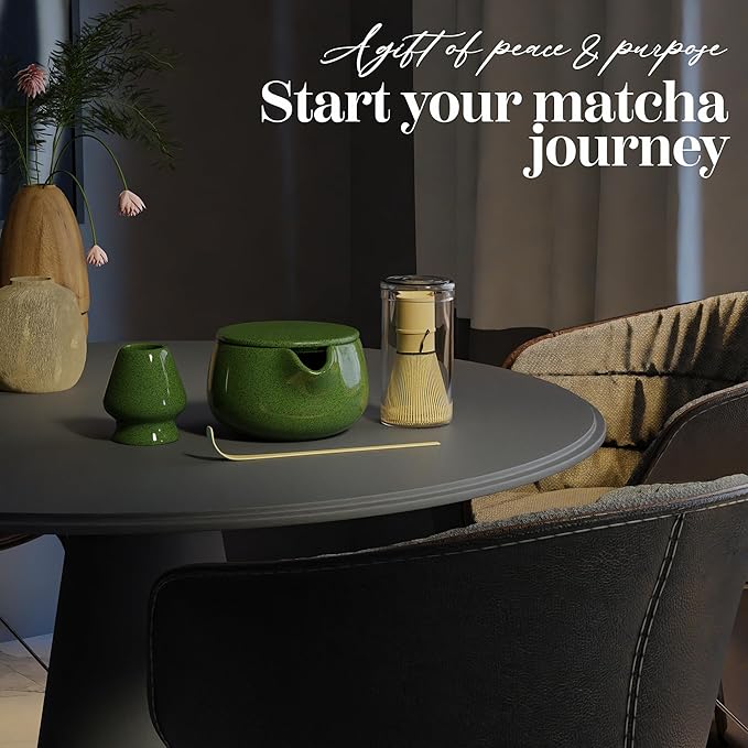 NEXTLUXE Matcha Whisk Set – Traditional Bamboo Chasen with Ceramic Bowl, Matcha Bowl and Whisk Kit - Measurement Lines, Spoon & Lid – Green